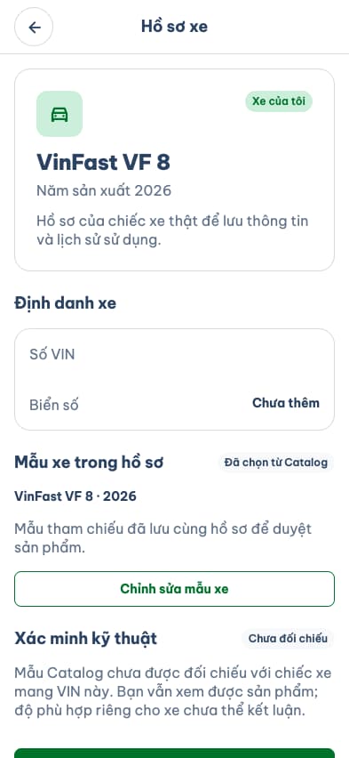 Màn hình minh họa hồ sơ xe trên EVLink.